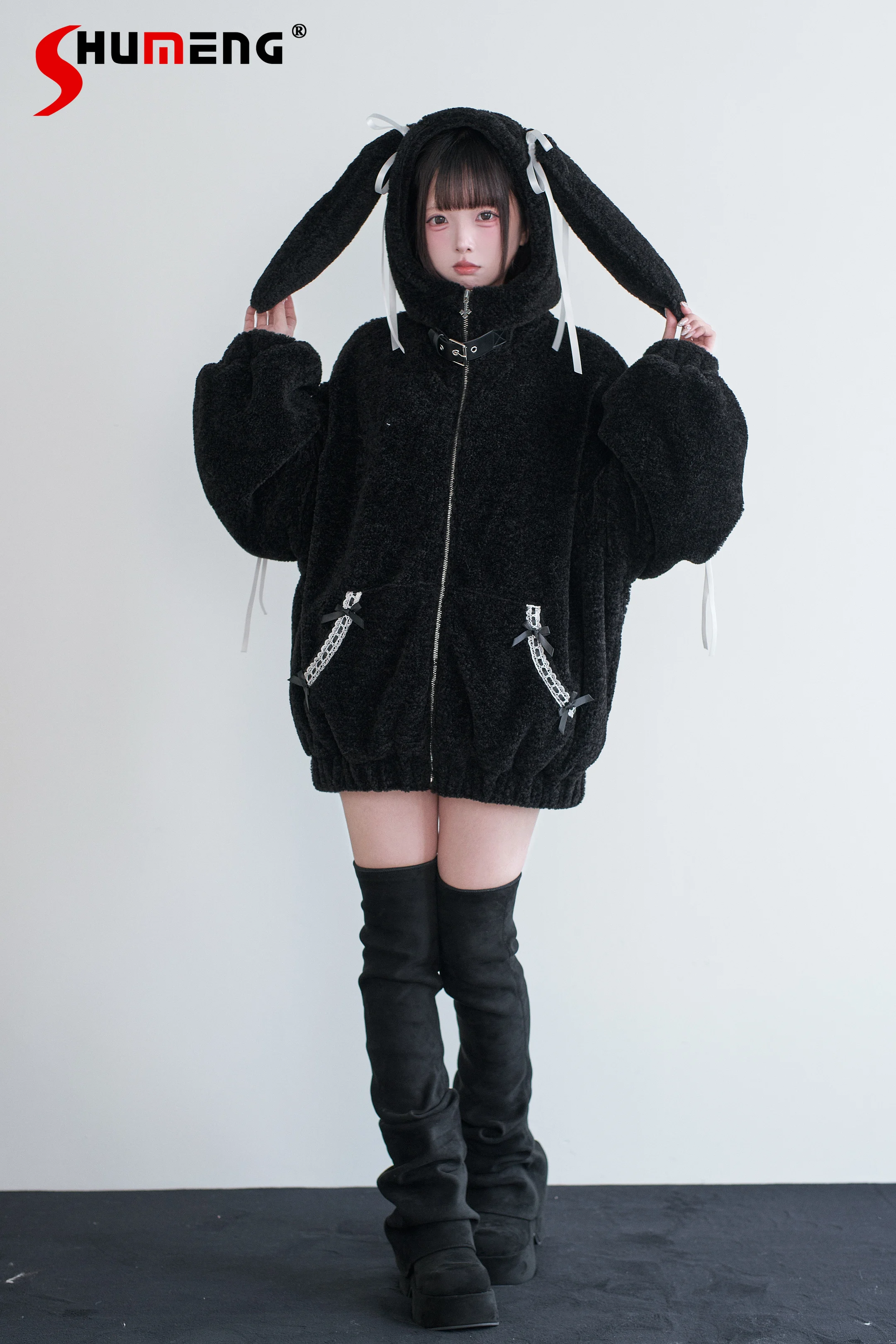 

Original Japanese Style Mass-Produced Kawaii Rabbit Ear Hooded Jackets Bow Lace Loose Casual Thick Warm Plush Sweatshirts Women