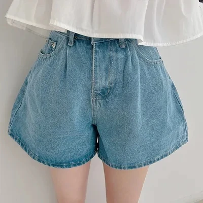 High Waist A-Line Wide Version Denim Shorts Asymmetrical Washed Cotton 100% Non-Stretch Summer Shorts for plus Size Women
