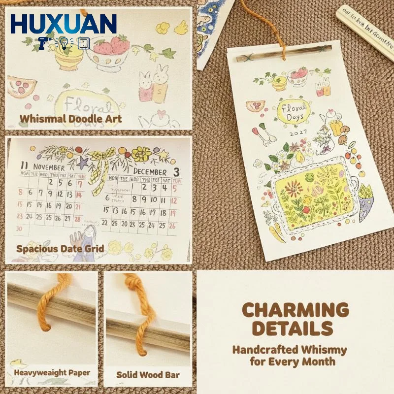 2027 Wall Hanging Calendar Cute Hand Drawn Afternoon Tea Floral Patterns For Home Office Wall Decor