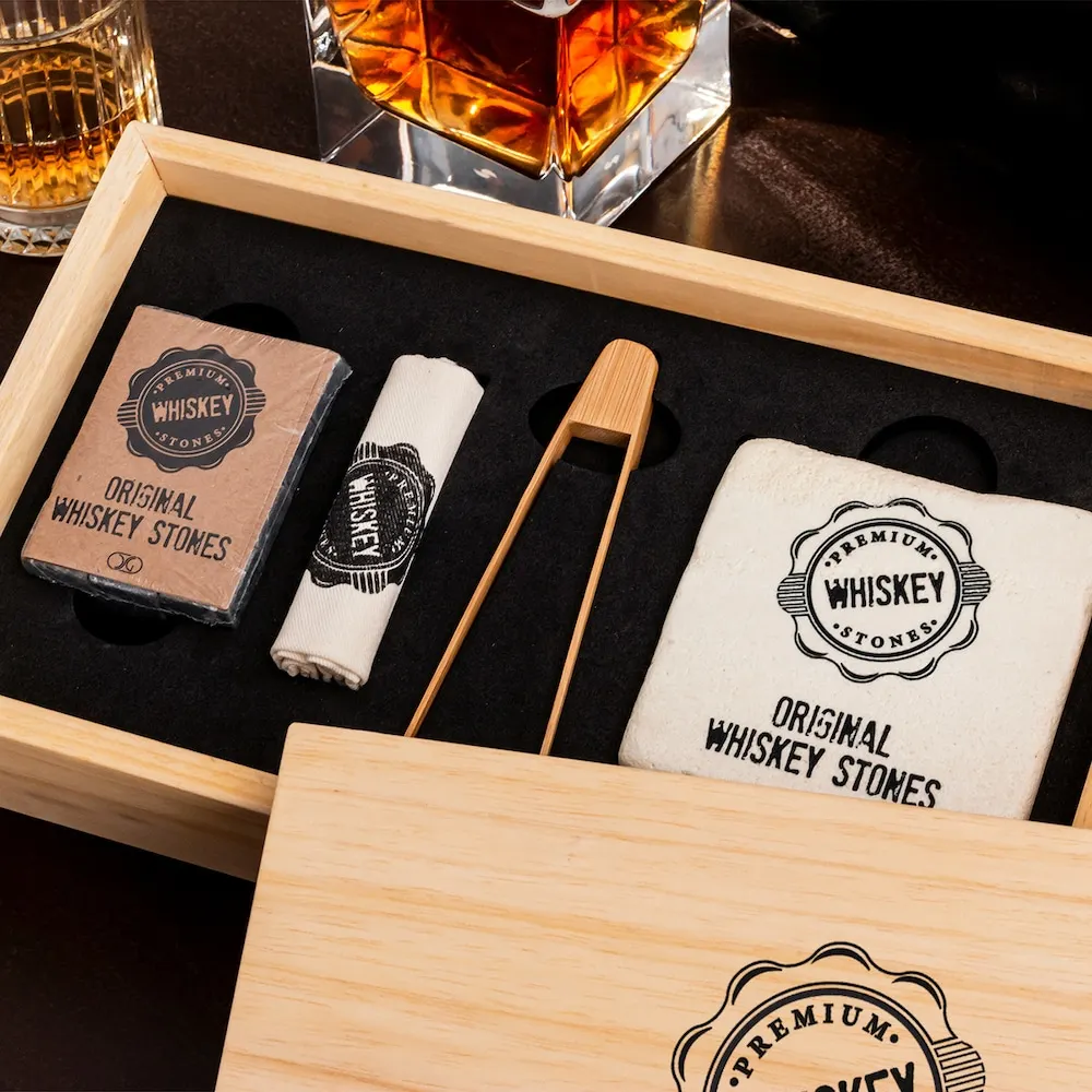 Wood Boxed Whisky Cooling Block Set (12'li natural Whisky Stone)