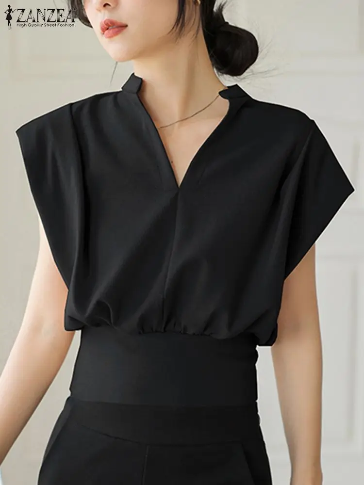 

Элегантная офисная блузка ZANZEA с V-образным вырезом и коротким рукавом, летняя женская рубашка 2024, модные повседневные приталенные топы, офисные женские блузки, рубашка