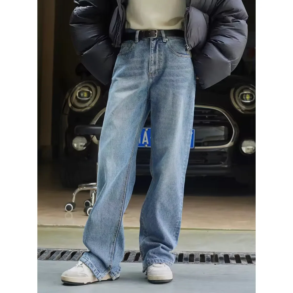 Calças de cilindro reto, perna larga, monocromáticas, versáteis, moda inverno, Paris Commut feminino cintura alta jeans de lã grossa,