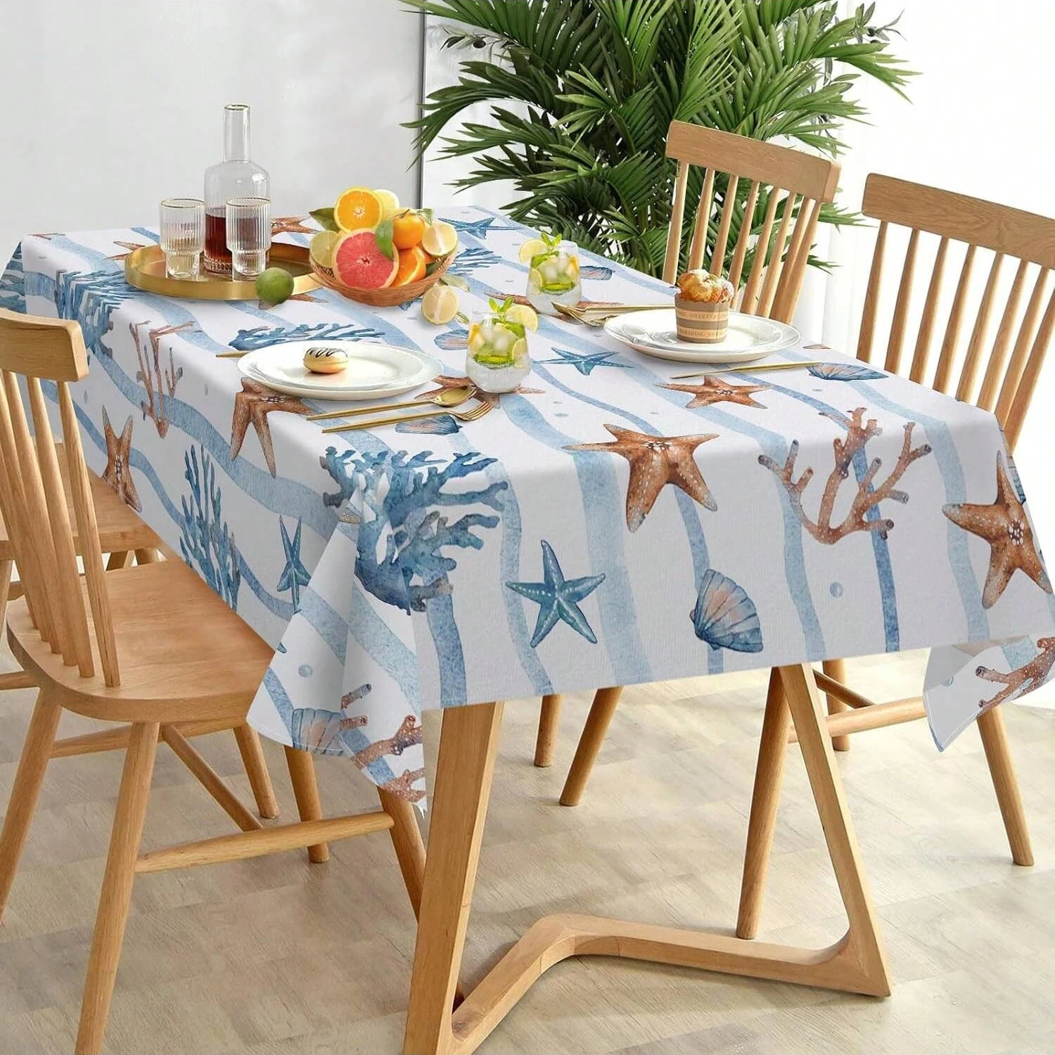 Summer Sea Star Conch Coral Tablecloth Coastal Waves Striped Table Cover for Nautical Dining Table Beach Party Picnic Decoration