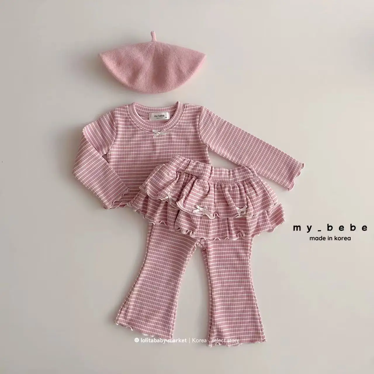 2026 ربيع جديد طفلة مخطط الملابس ملابس الاطفال الفتيات طويلة الأكمام القوس القمم + السراويل 2 قطعة دعوى طفل فتاة ملابس قطنية #4