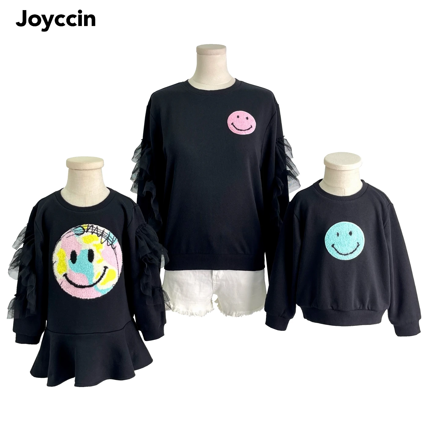 

Joyccin Mother Kids Smile Embroidery Sweatshirts Drop Shoulder Solid Color Loose Pullover Family Matching Outfits