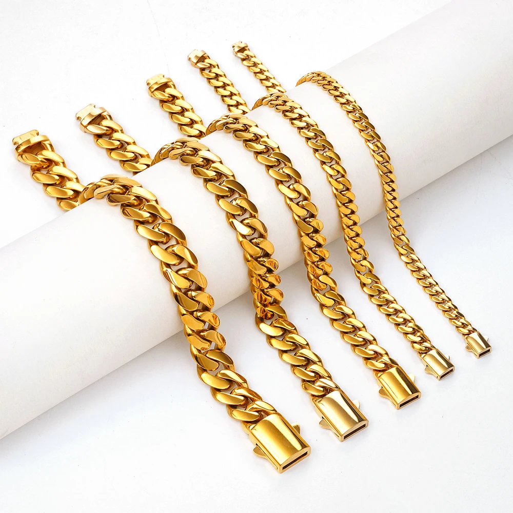 Gold Stainless Steel Cuban Link Chain Bracelet for Men 6mm/8mm/10mm/12mm/14mm Adjustable 7inch-11inch Fashion Jewelry Accessor