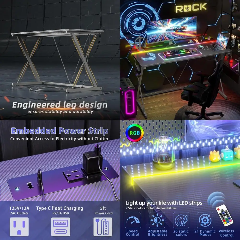 

40 Carbon Fiber Gaming Desk with Power Outlets, LED, and Headphone Hook for Kids' Bedroom, Gray