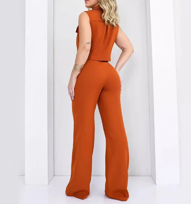 Two Piece Set Women Outfit 2024 Summer Buttoned Turn-Down Collar Vest Top & Casual Tied Detail Daily Straight Leg Pants Set