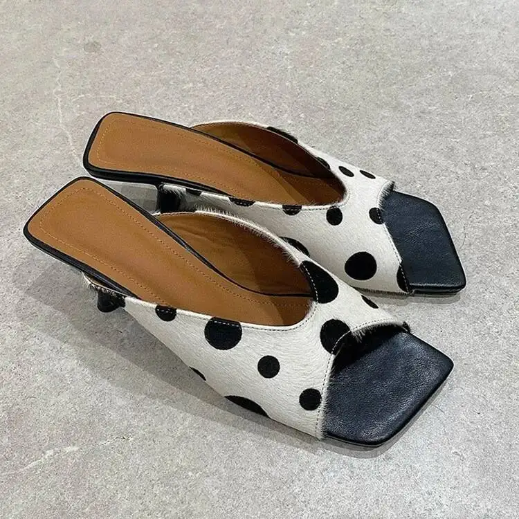Summer Women Polka Dot Slippers Square Open Toe Wedges Heel Slip On Elegant Ladies Office Daily Party Dress Fashion Slide