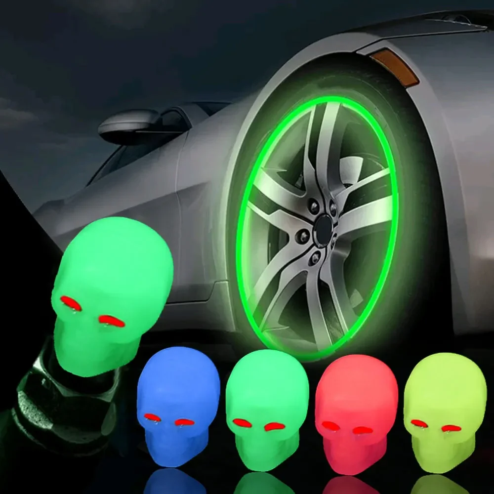 

4Pcs Skull Styling Night Luminous Valve Cap Car Motorcycle Bicycle Wheel Valves Nozzle Caps Decor Tire Glowing Nozzle Cover