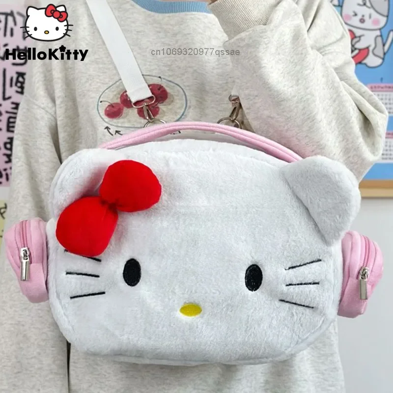 

Hello Kitty Cute Rock Cat With Headphones Plush Backpack Y2k Girl Cartoon Sanrio Zipper Small School Bags for College, Punk Bag