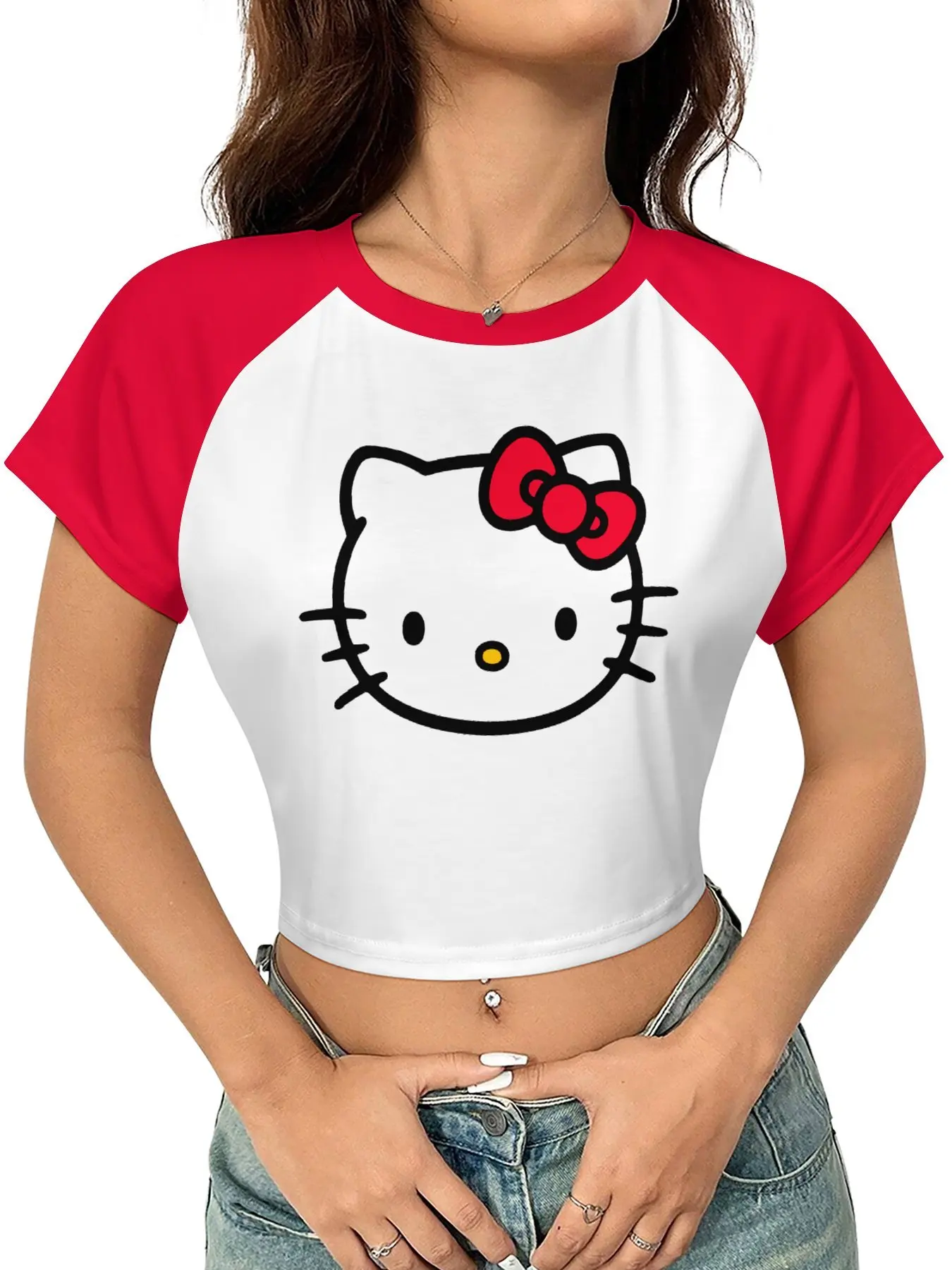 

Hello Kitty Cat T Shirts Kids Sanrio Short Sleeve Cartoon Tee Fshion Crop Tops Soft TShirt Raglan Sleeves Top Summer Clothing
