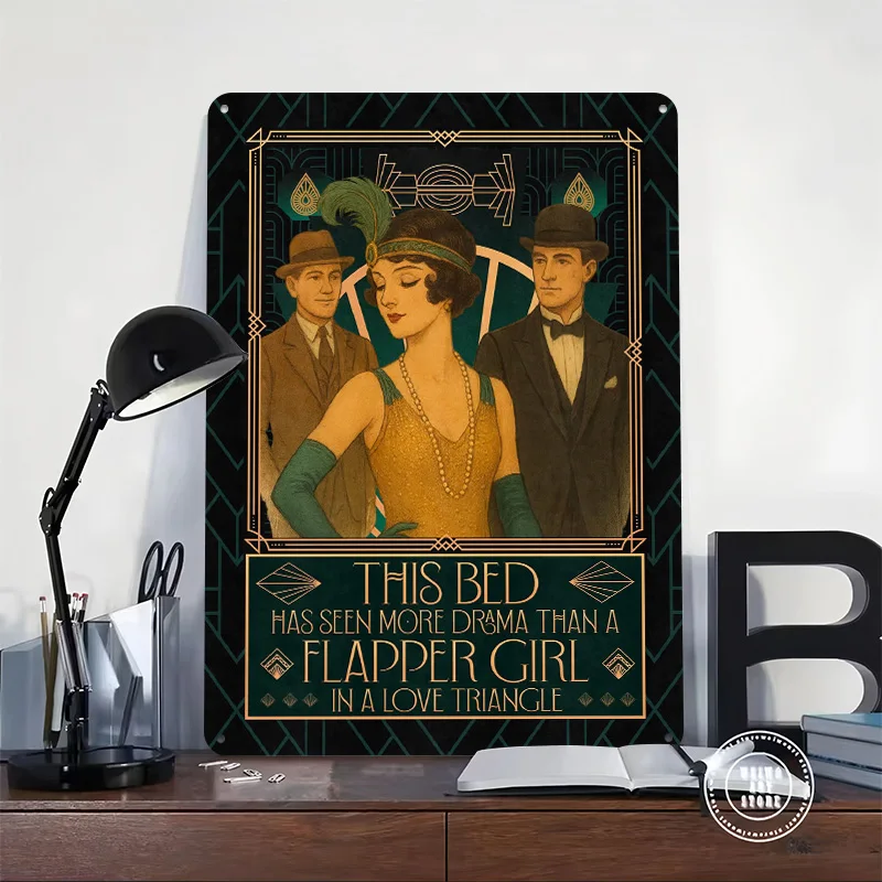 Flapper Girl Love Triangle Tinplate Posters Customizable Wall Art Retro Vintage Metal Signs for Home Room Decoration Aesthetic