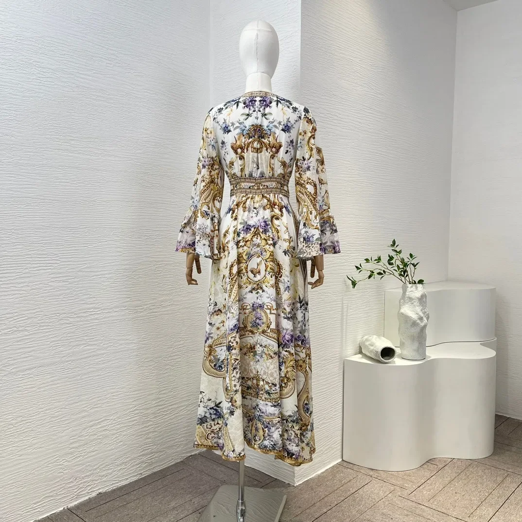 Elegant Vintage New 2024 Silk Golden Floral Print Long Sleeve Diamonds Women Midi Dress