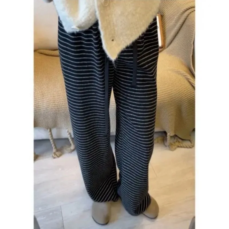 الخريف والشتاء جديد دافئ الرجعية مخطط سراويل تقليدية مع الصوف المرأة النسخة الكورية عالية الخصر مستقيم الساق بنطال ذو قصة أرجل واسعة #5