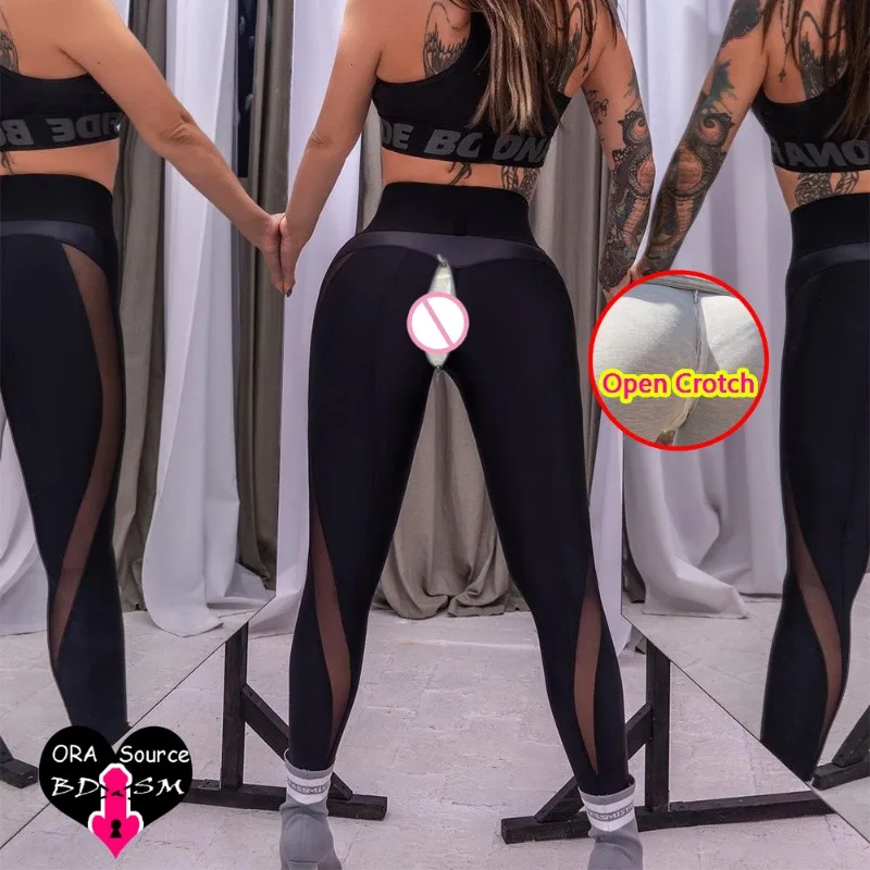

Women Open Crotch Leggings Sexy Summer Push Up Fitness Patchwork Breathable Gym Pants Leather Crotchless Panties Clubwear