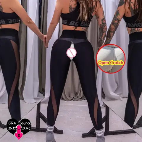 Women Open Crotch Leggings Sexy Summer Push Up Fitness Patchwork Breathable Gym Pants Leather Crotchless Panties Clubwear