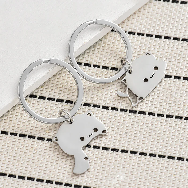 Cute Cat Keychain Stainless Steel Key ring Couple Lover Animal Matching Keyring Pendants Valentine's Day Gift