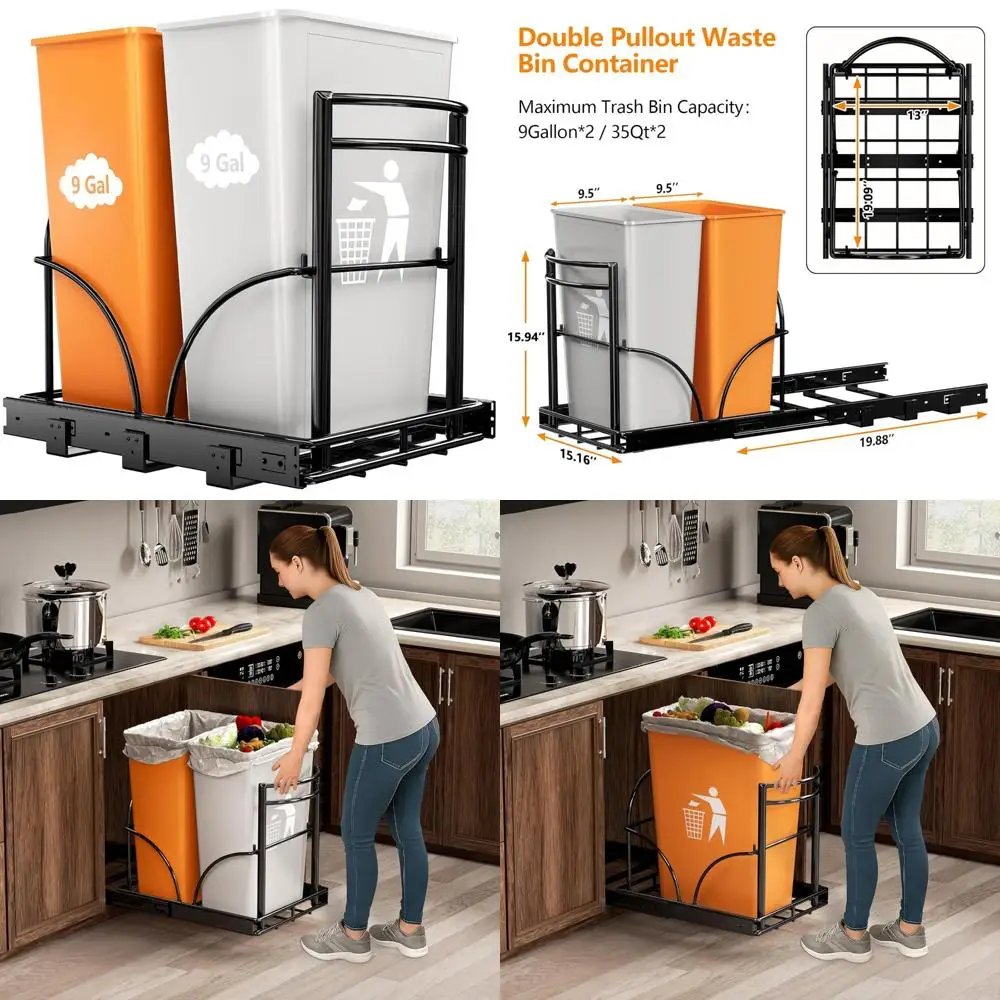

Dual Pull Out Trash Can Rack Under Cabinet, Fits Double 7-9 Gallon Cans, Under Sink Garbage Bin Organizer, 35 Qt Capacity x 2, S