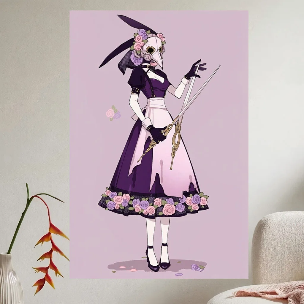 Gothic Plague Doctor Lolita Wall Tapestry Pastel Purple Floral Girl With Scissors Manga Art Print Wall Hanging Dorm Bedroom