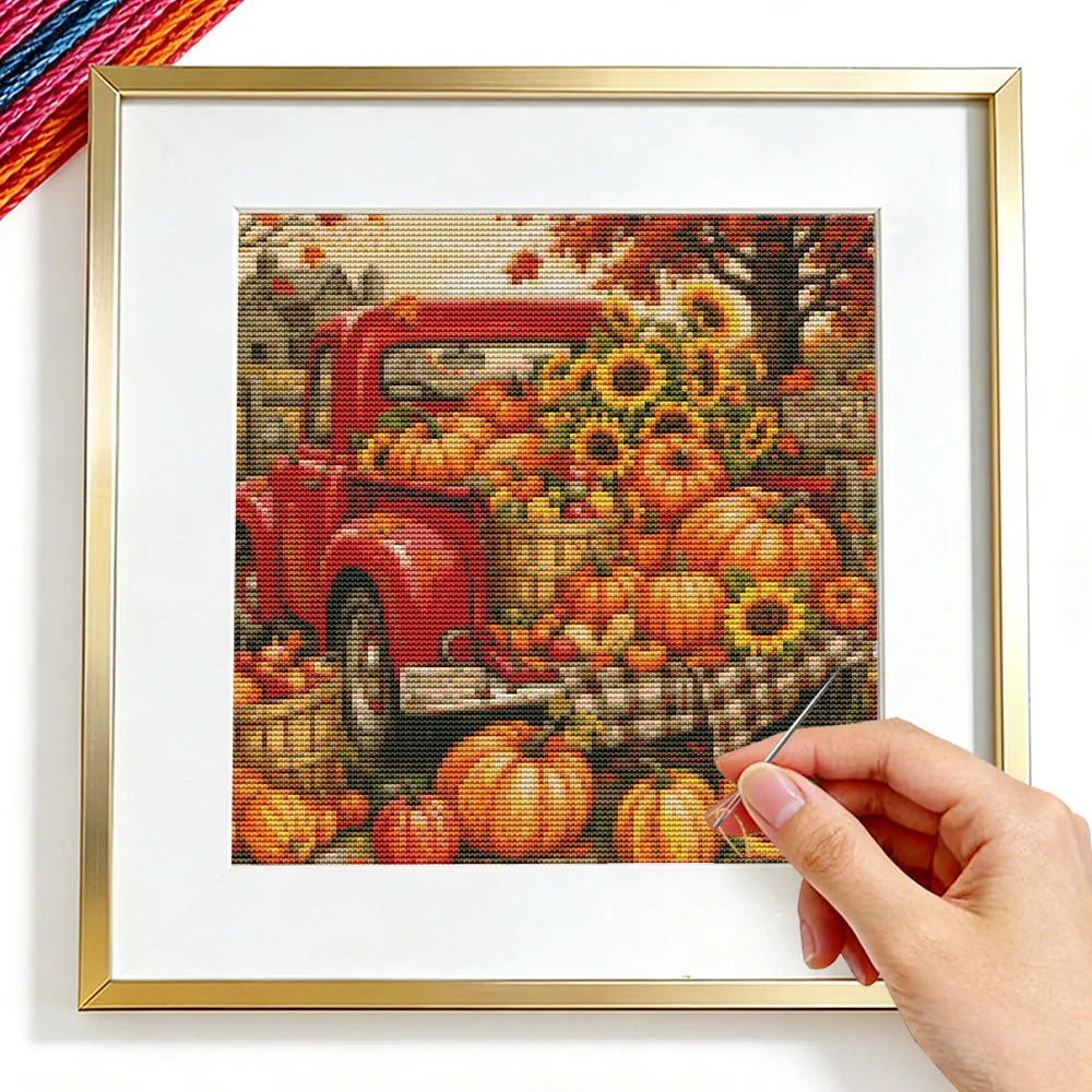 11CT Kreuzstich-Set mit Kürbis-Halloween-Landschaftsdruck, DMC-Set, Nähgarn, Sonnenuntergang, Herbst, Wanddekoration für Zuhause