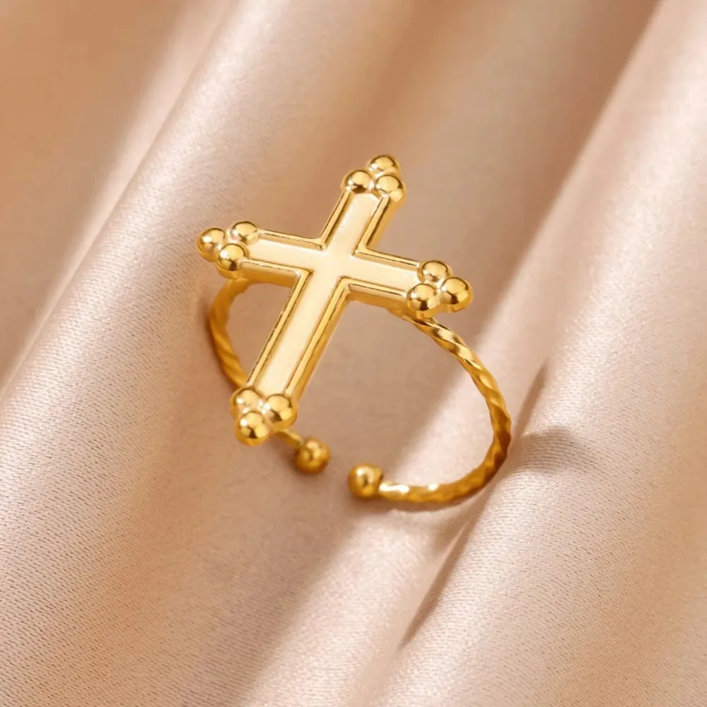 الفولاذ المقاوم للصدأ الصليب خواتم للنساء خمر الذهب اللون افتتاح الصليب البنصر مجوهرات الزفاف هدية anillos mujer