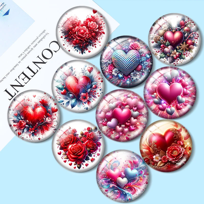 Valentine's Day Love Flowers 10pcs 12mm/16mm/18mm/25mm Round Photo Glass Cabochon Demo Flat Back Making findings