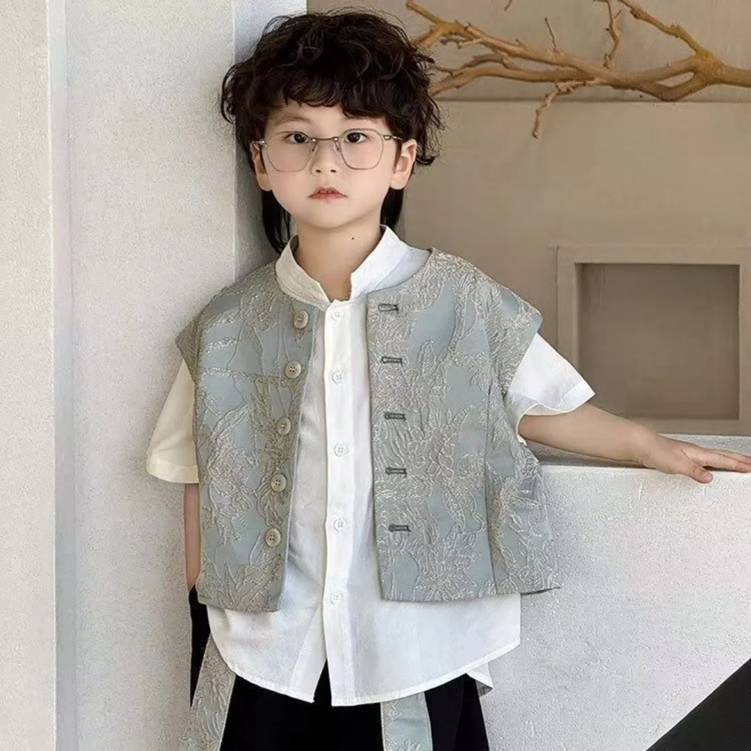Boys' Short Sleeved Shirt Set Round Neck Vest Retro Hanfu Standing Collar Chinese style Summer Style Fashionable Tang Style