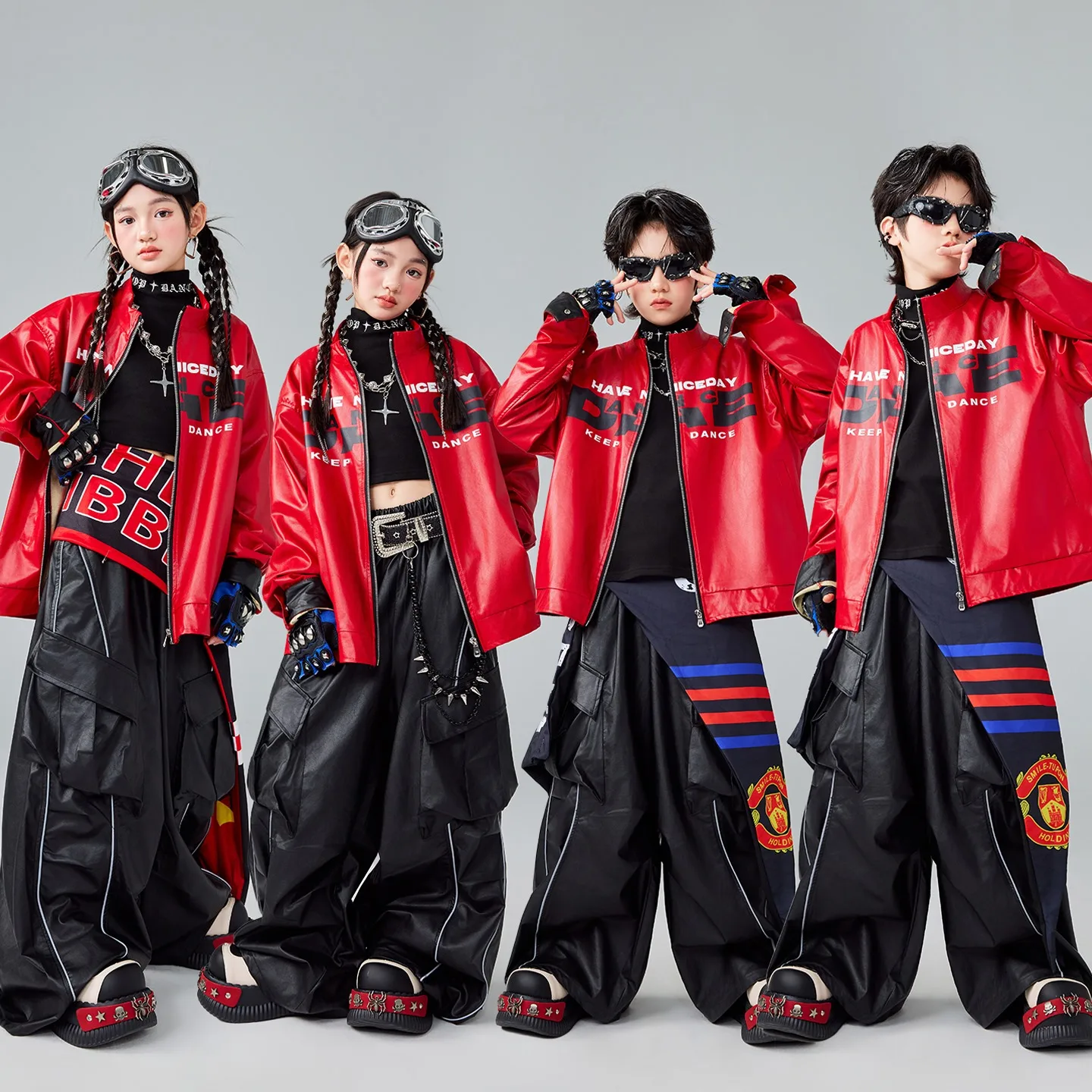 Dziecięcy strój do hip hopu, czerwony skórzany płaszcz, spodnie, chłopięcy luźny styl uliczny, dziewczęce fajne ubrania do jazzu, strój do występów tanecznych BL18296