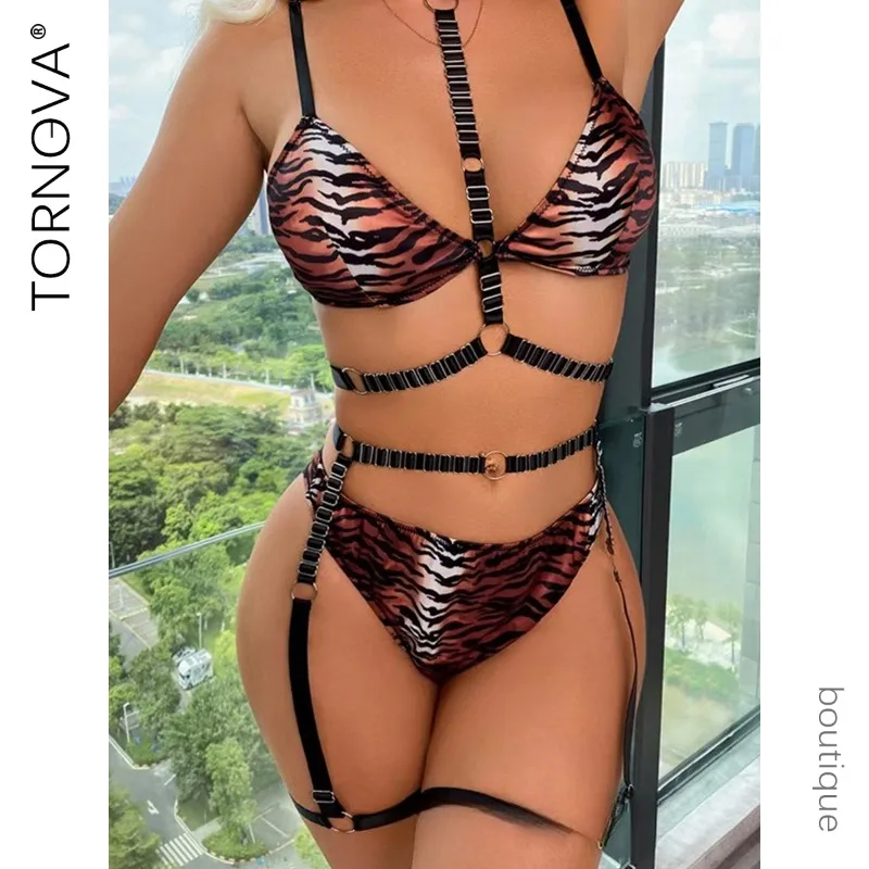 

Sexy Bra Underwear Set Straps Breasts Look Slimming Gathering Leopard Print Sexy Lingerie Set Sexy Halter Garters Underwear Set