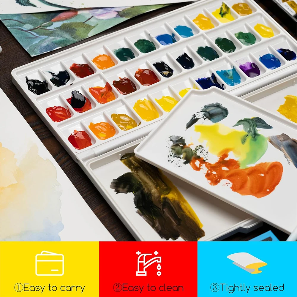 Watercolor Palette with Lid: 33 Wells Airtight Folding Paint Palette with Large Mixing Tray - Empty Acrylic Painting Art Pallet