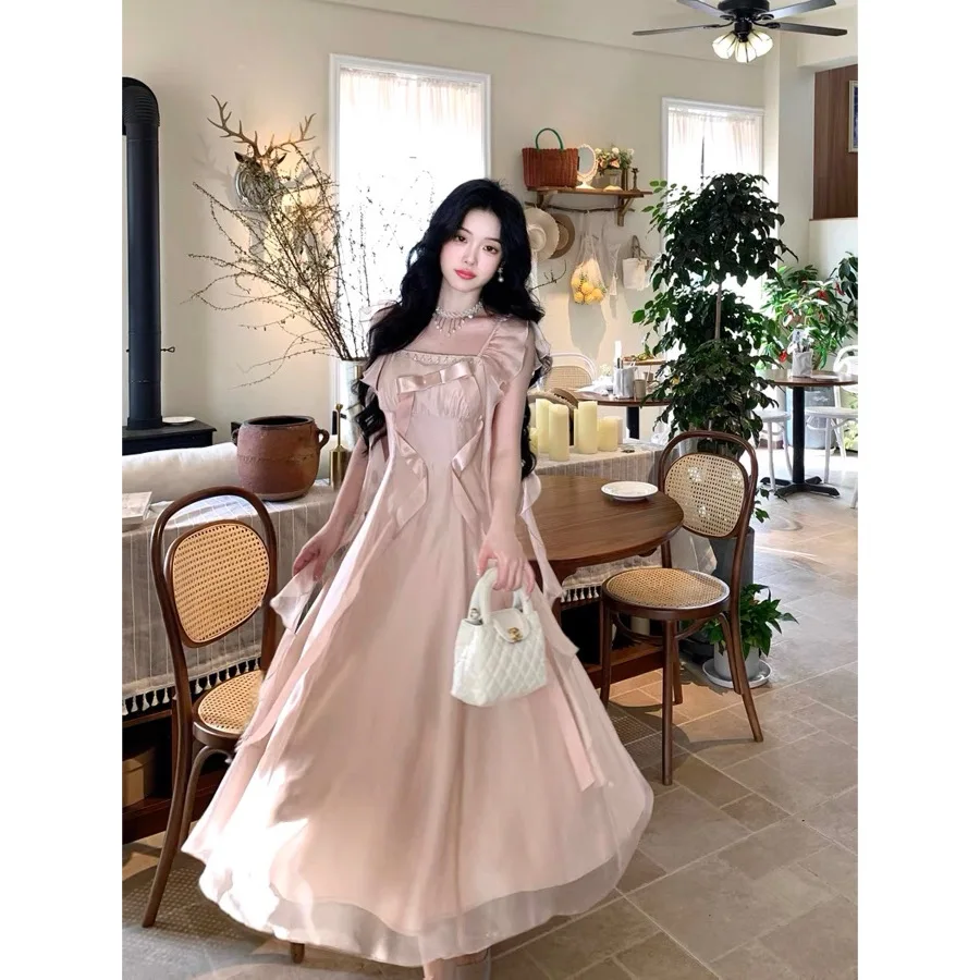 

Coigarsam Long Dress Women New Office Lady French Style Cute Bow Dresses