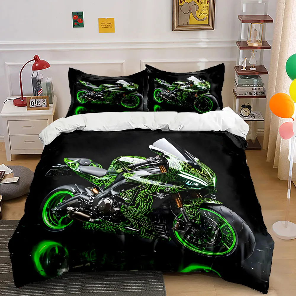 Futuristic green sport motorcycle Print Bedding Set 1 Duvet Cover 2 Pillowcases for Adult and Children Luxury Gift Full Size
