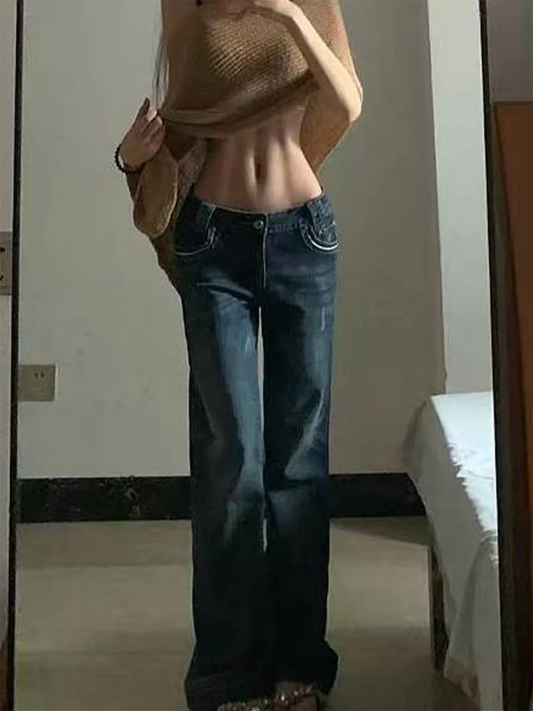 

Washed American Style Deep Blue Denim Jeans Women's Micro Flare Slimming Small Size Vintage Low Waist Narrow Version Pants