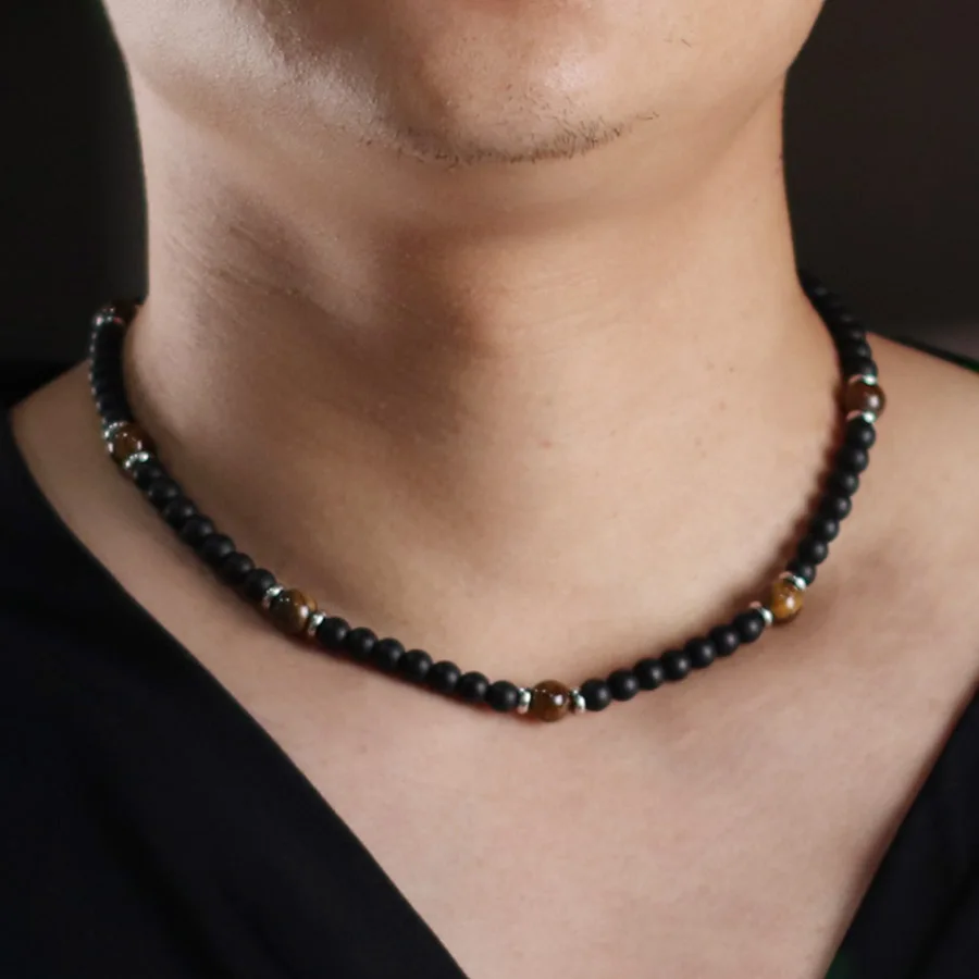 Fashionable Natural Stone Necklace Men Turquoises Hematite Tiger Eyes Beads 50cm Short Collar Jewelry Office Erkek Kolye Joias