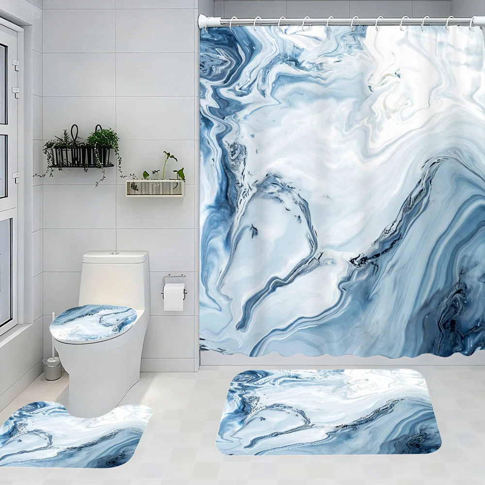 

4pc Ancient-style pattern bath curtain set, 2D flat printed bathroom partition curtain, modern home curtain decoration