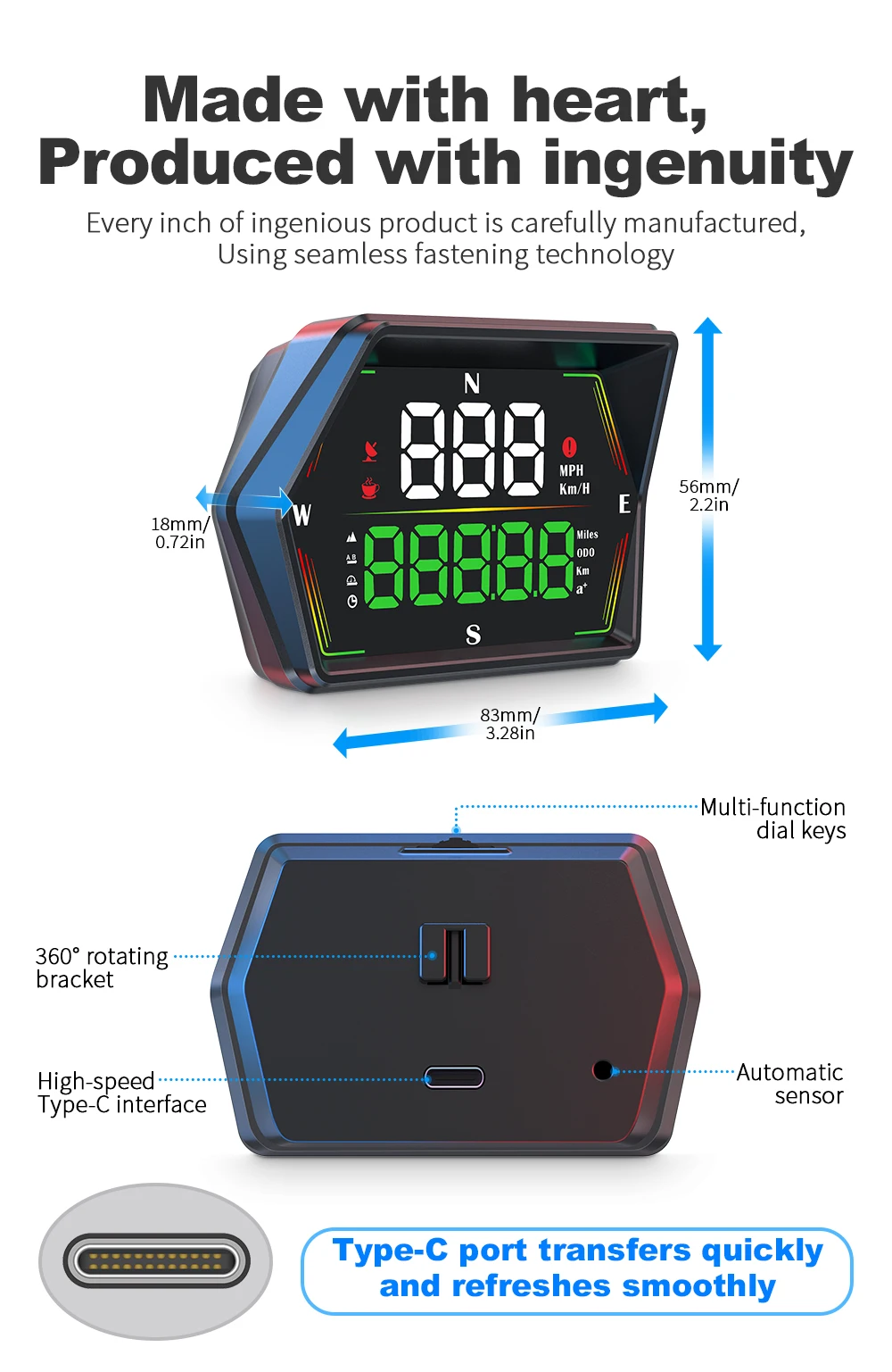 HUD G21 Head-up-Display Auto Digitaler Tachometer Großer Schriftzug Kompass Uhrzeit Geschwindigkeitswarnung Windschutzscheiben-Projektor für alle Fahrzeuge – Detail 4