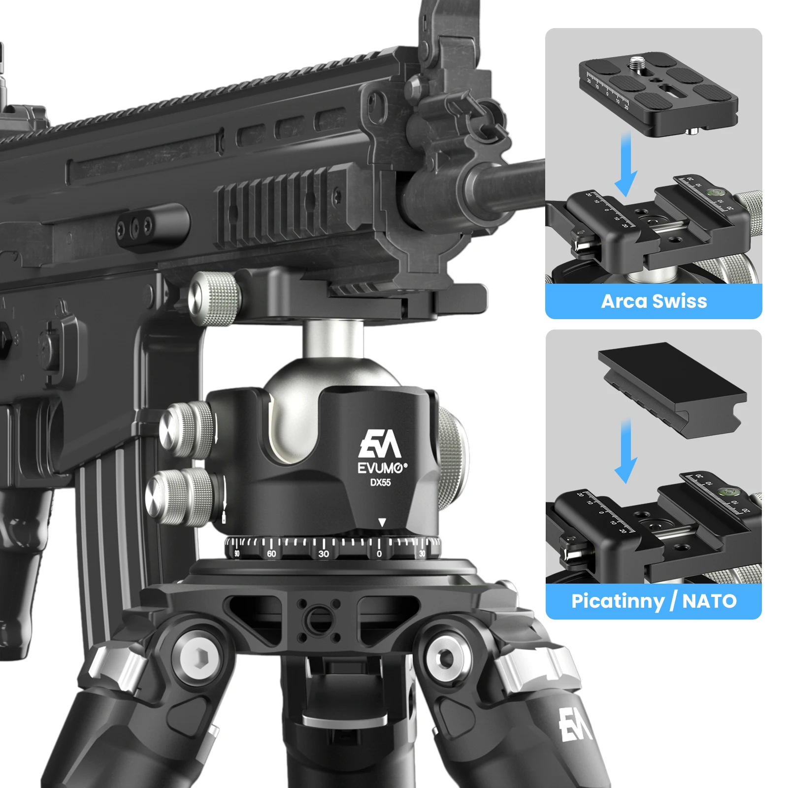 Evumo kugelkopf 55mm für stativ kamera picatinny/arca schweizer stativ kopf halterung aluminium legierung panorama DX55-P max last 40kg