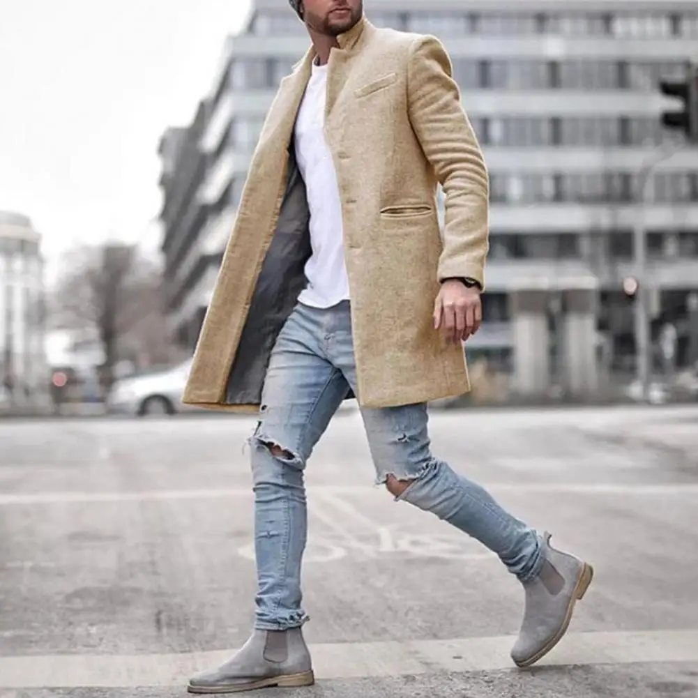 Men Woolen Coat Lapel Long Sleeve Mid-length Overcoat Solid Color Single Breasted Long Outwear with Side Pockets