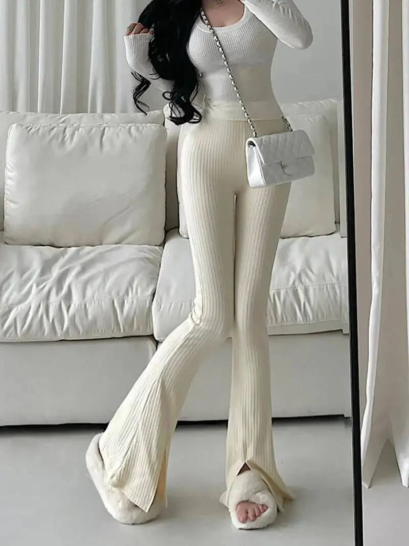 WOMENGAGA High Waist Tight Slim Fashion Women Pants Knitted Casual Pants Floor Slam Pants Flare Pants Trousers 2023 98P4