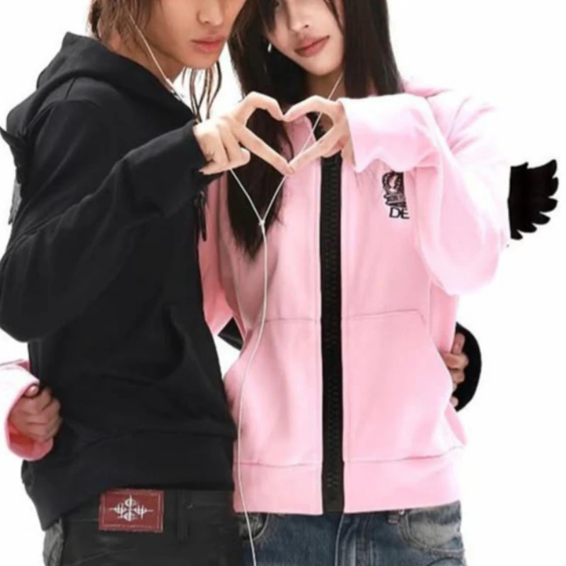 Amerikanische Retro-Kapuzenjacke mit personalisiertem Design und Reißverschluss, Y2K-Millennium-Style, „Spicy Girl“-Design, Engelsflügel-Muster, für Damen und Herren, vielseitig einsetzbar.