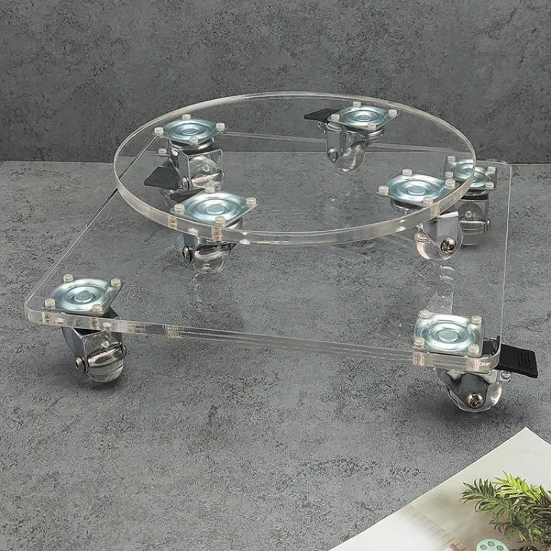 アクリル製植木鉢トレイ、ホイール付き可動式透明不可視ユニバーサルプーリーローラーベース、電気式底面ブラケット