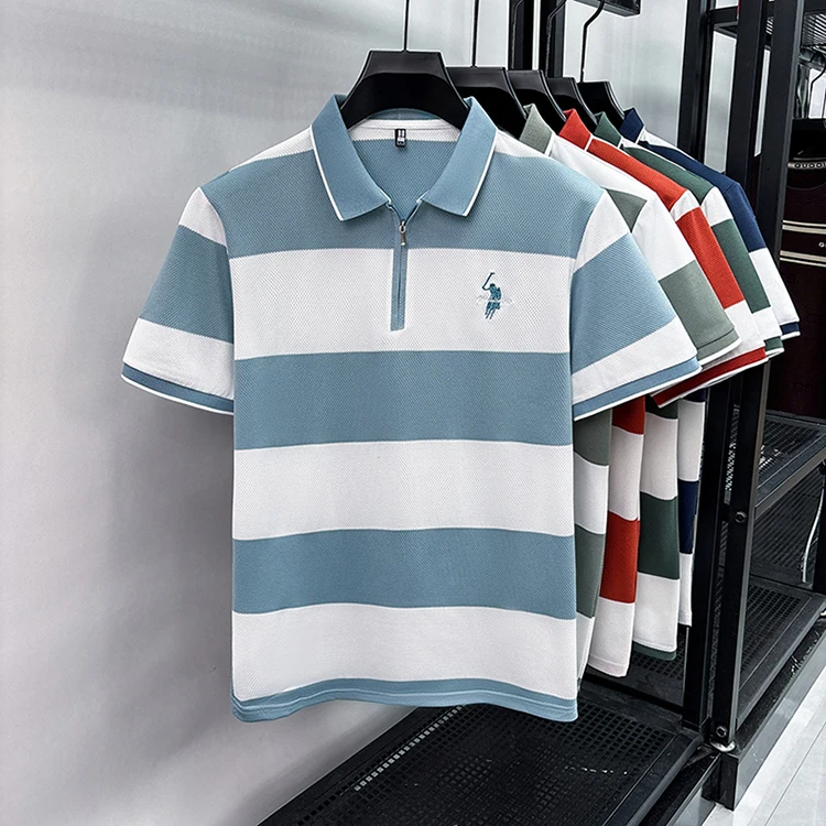 Modisches gestreiftes, farblich abgesetztes Kurzarm-Poloshirt für Herren High-End-Marke Pony-Stickerei Sommer, Golf, Freizeit, neues T-Shirt mit halbem Reißverschluss – Detail 5