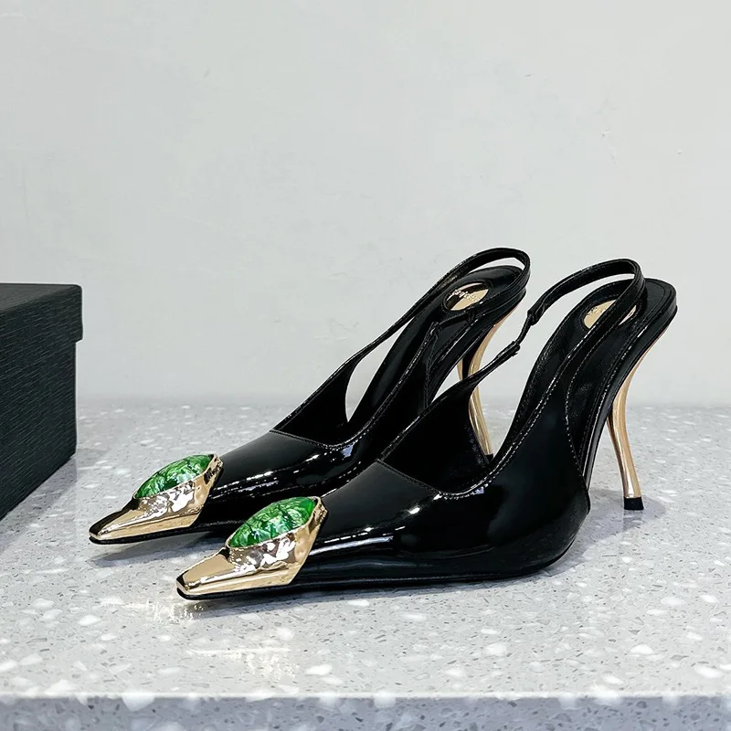 New Spring and Summer Women's High Heels High-end Metal Square Head Patent Leather Stiletto Comfortable Back Sandals