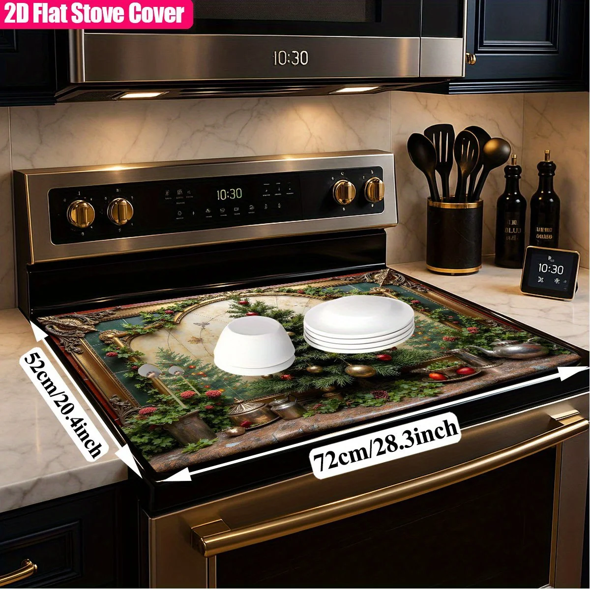 Vintage Framed Xmas Tree Bauble Greenery Stove Top Cover, Non‑Slip Heat Resistant Mat, Easy Clean Decor for Electric Gas Stove