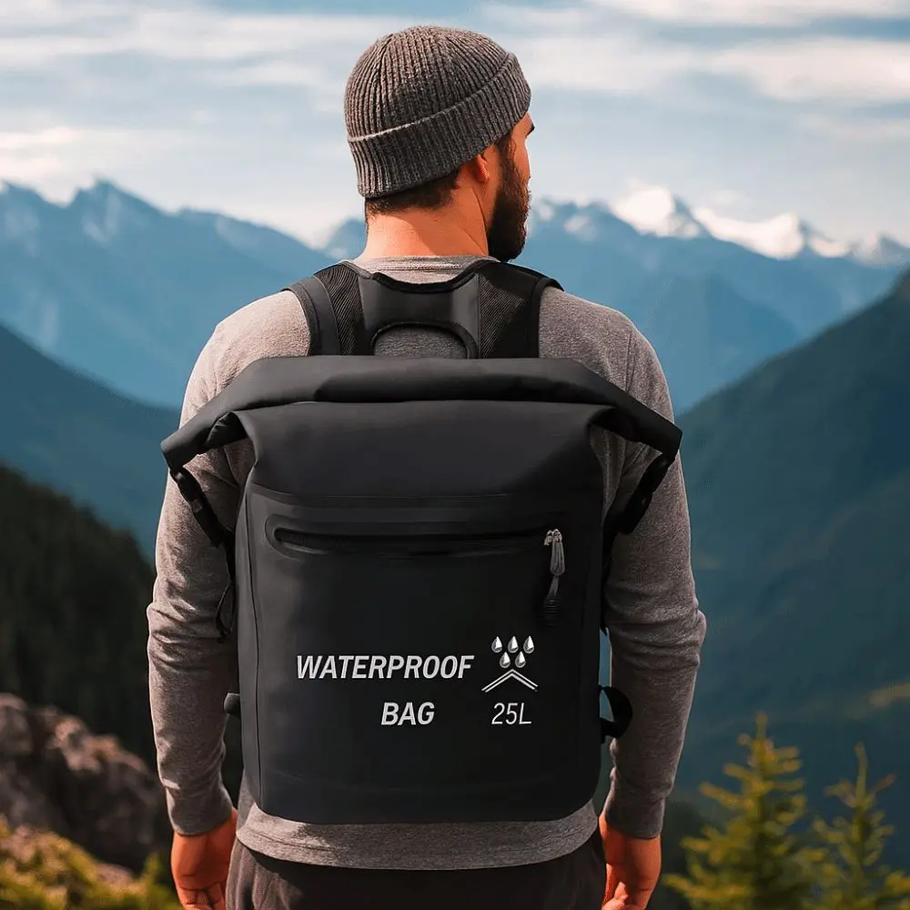 

Zipper Pocket 25L Waterproof Backpack Thickened Material Waterproof Beach Storage Bag Folding Roll-Top Closure Swimming Backpack
