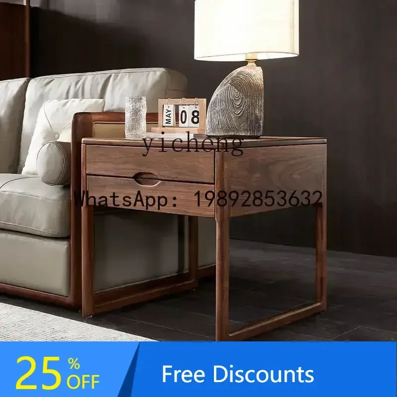 

w4-2 Solid Wood Square Table with Drawer Storage, Corner Table for Living Room, Black Walnut Side Table desk decoration