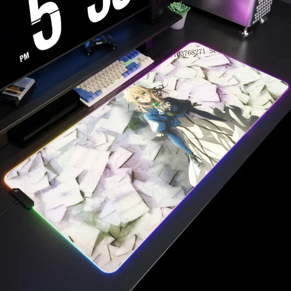 

Violet Evergarden Anime Girl Mousepad XXL RGB Gaming Mouse Pads HD Black Gamer Accessories Large LED