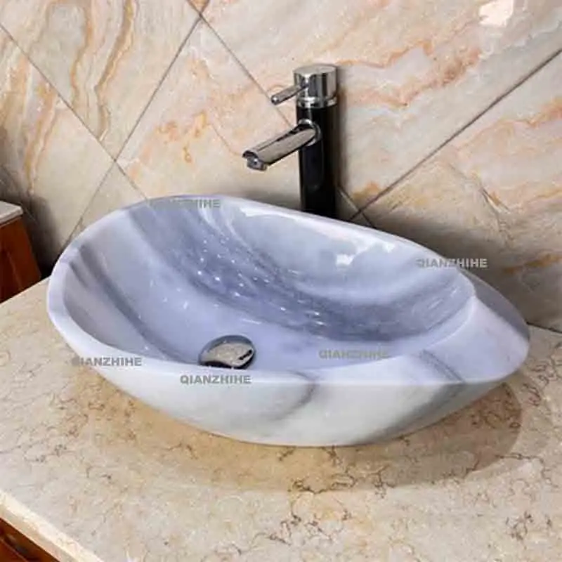 Irregular Natural Marble Polygonal Water Drop Heart-shaped Bathroom Wash Basin Light Luxury Flat-bottomed Basin Countertop Sinks