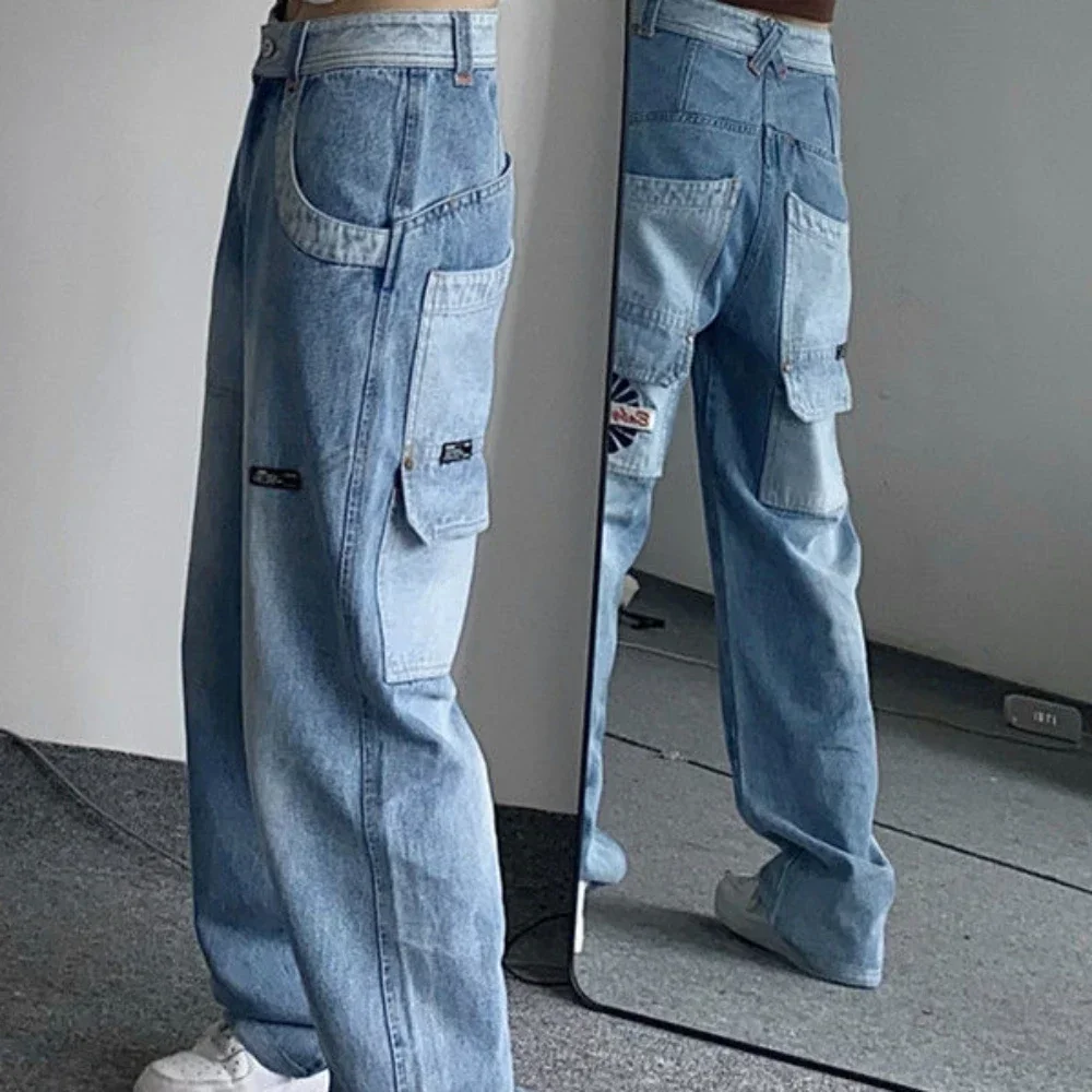 

Pants for Women Letter Embroidered with Pockets Straight Leg High Waist Shot Womens Jeans Blue Trousers Streetwear Hippie Fitted